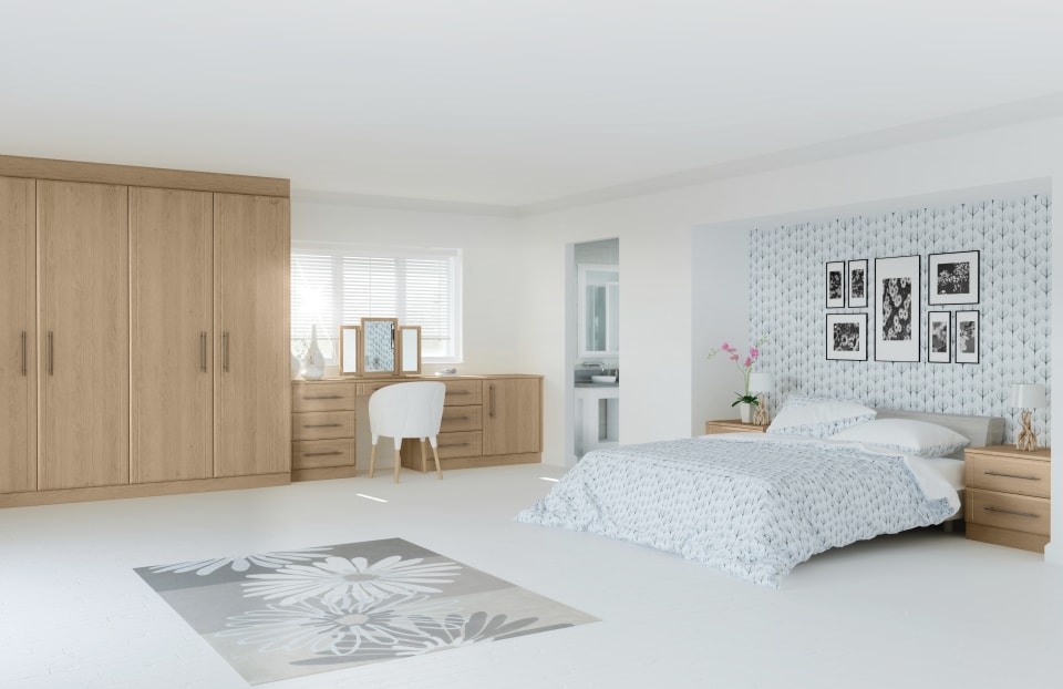Harmony Lissa Oak bedroom with double bed, floor-to-ceiling wardrobe and more